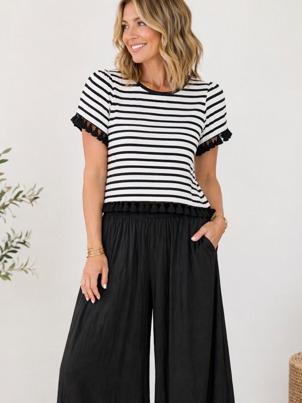 Kate Spade Striped Tassel Top Black White XS Boho Chic